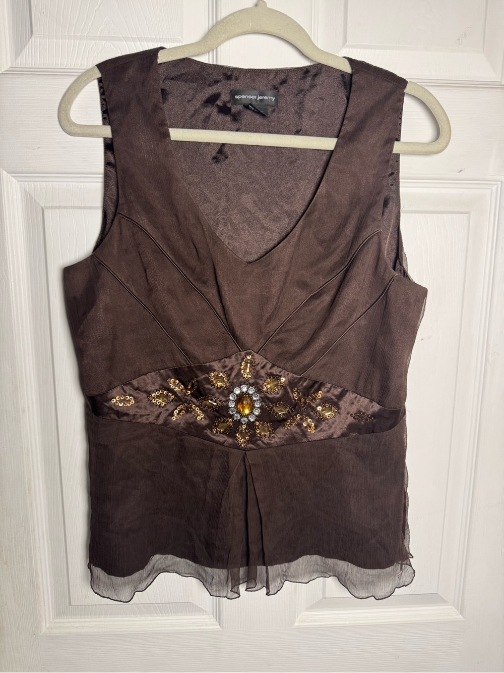 Vintage Y2K Silk Embellished Beaded Brown Sleeveless Chiffon Top Whimsigoth
